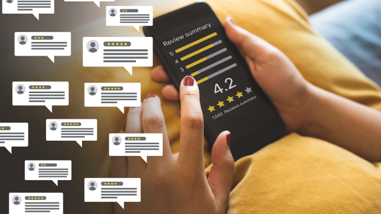 A phone with many text bubbles with different star ratings and reviews