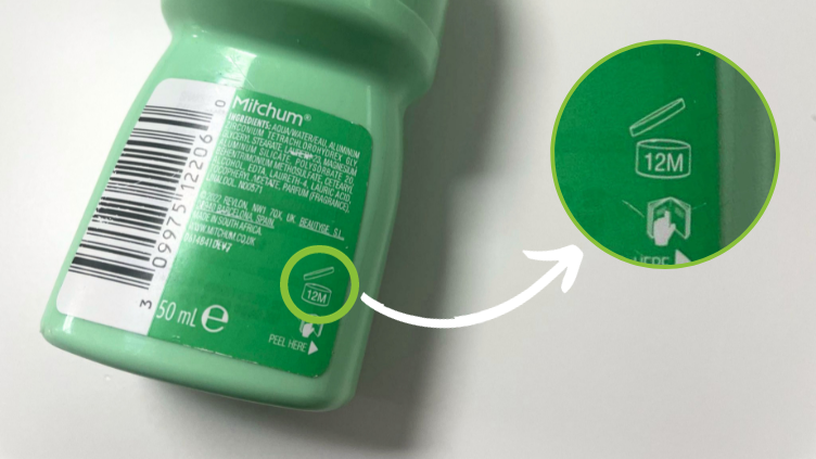A Mitchum roll on deodorant with its label showing a PAO symbol showing 6M
